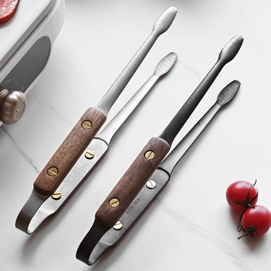 Tång i rostfritt stål med valnötshandtag, värmetålig, för BBQ-matlagning, grillning och servering, elegant köksredskap