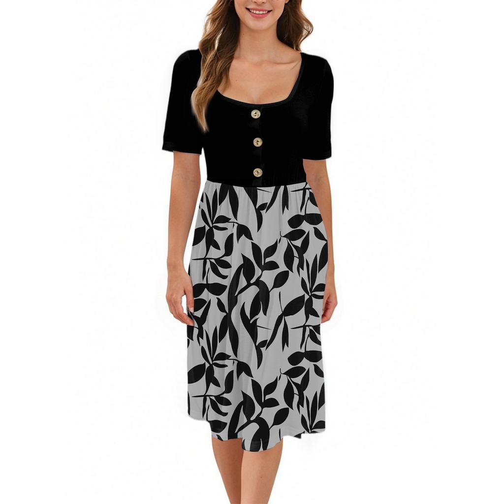 Fashion Women Summer Vintage Floral Dress Elegant Short Sleeve Midi Dress