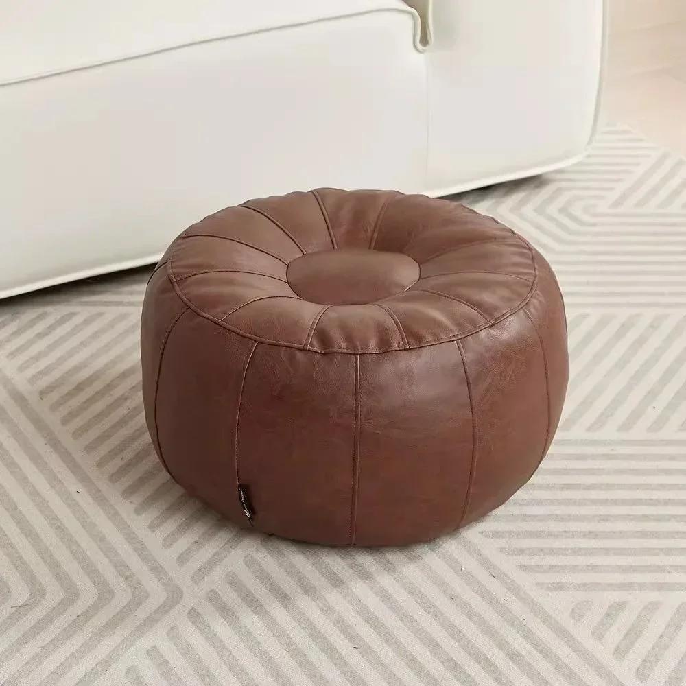 Round Seat Cushion Cover Unstuffed Faux Leather Pumpkin Pouf Cover Large Capacity Minimalist Storage Bag Storage