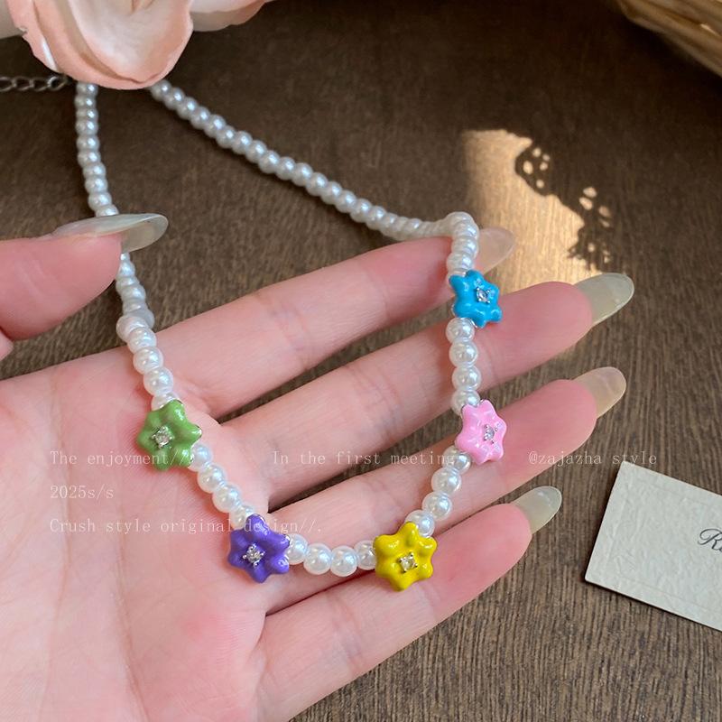 Zircon drop oil colored flower pearl necklace light luxury niche versatile collarbone chain sweet fresh temperament necklace women