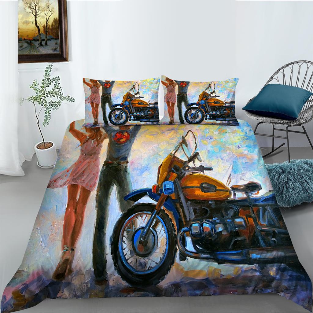3D-Motorrad-bedrucktes Bettwäsche-Set im Industrie-Stil, Bettbezug, Kissenbezug-Set, Einzel-/Doppelbett, für Jungen und Jugendliche, cooler Bezug