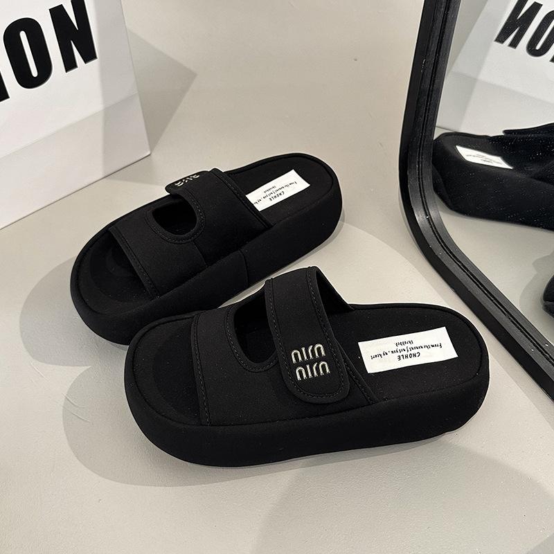 

Thick-bottomed cloth Velcro one-word slippers women s 2025 spring and summer new outer wear versatile casual cool slippers 35 чёрный