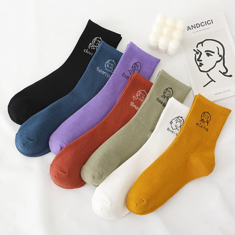 5/10 Pairs Comfortable Casual Spring Autumn Socks for Women: Cute Mid Calf Socks Cotton Socks with Heat Pressed College Style Long Socks for Girls