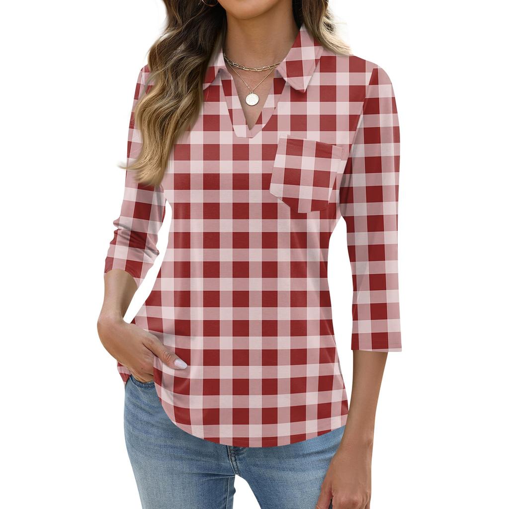 Women's Fashion Casual Lapel Short 3/4 Sleeve Print Shirt Women's Up Tops