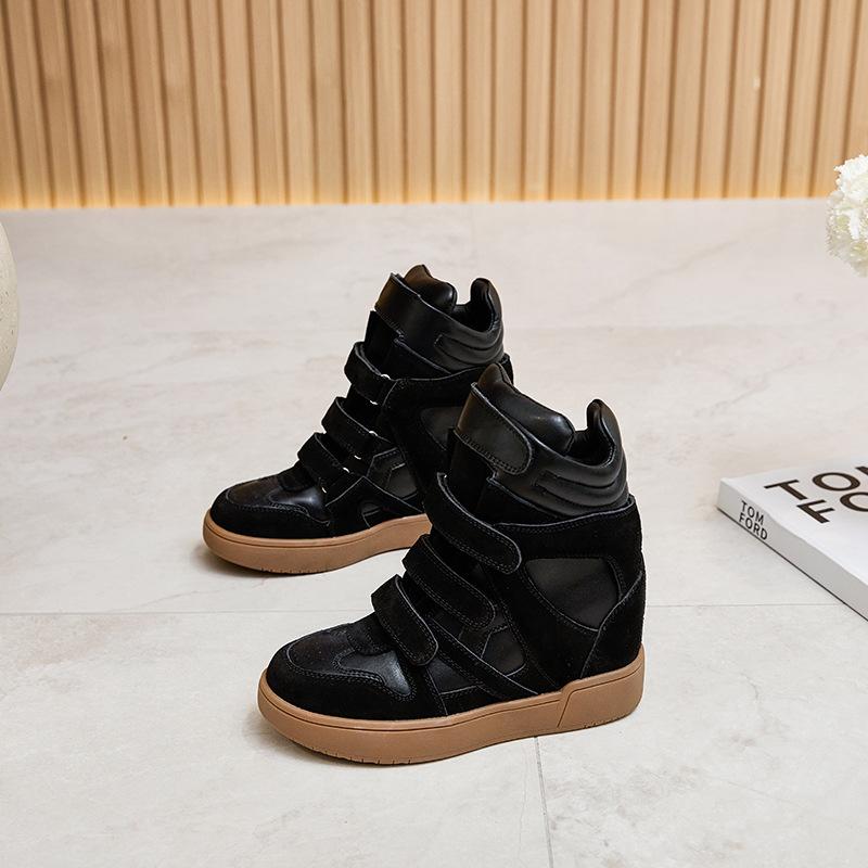 

Genuine Leather 7CM Inner Height-increasing High-top White Shoes for Women Autumn New Velcro Casual Sports Short Boots 40