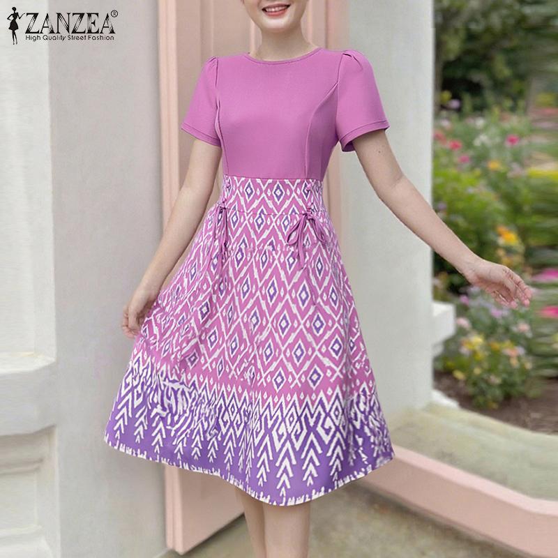 ZANZEA Women Casual Round Neck Summer Short Sleeve Print Dress