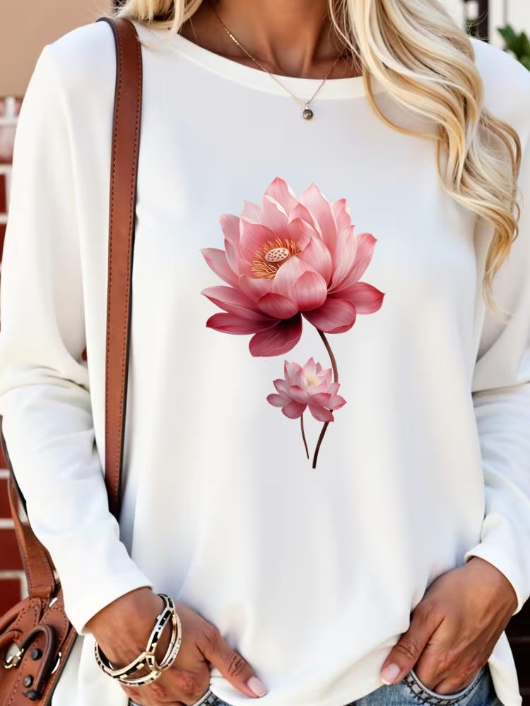 (Asian Size) sweet flower lovely Long Sleeve T Shirt Tee Lady Printed o-neck Women Female Clothing Casual Fashion Top Graphic T-shirts
