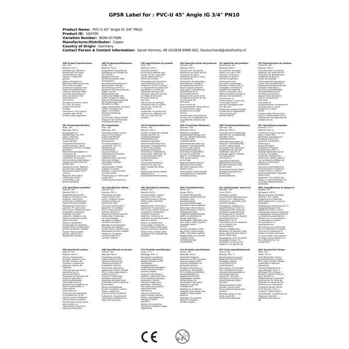 Coude PVC 45 Degrés 3/4 Pouce, Raccord Fileté PN10