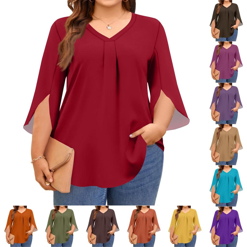 Women's Solid Color V-neck Plus Size Tops 3/4 Sleeves Elegant Shirt Tops