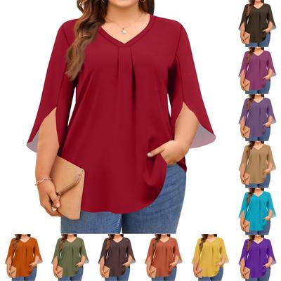 Women's Solid Color V-neck Plus Size Tops 3/4 Sleeves Elegant Shirt Tops