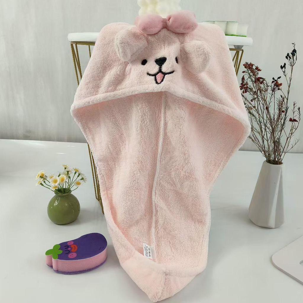 Cute Puppy Hair Drying Cap - Quick Absorbent, Thickened Coral Fleece Headscarf for Women, Ideal for Home & Dorm Bathing