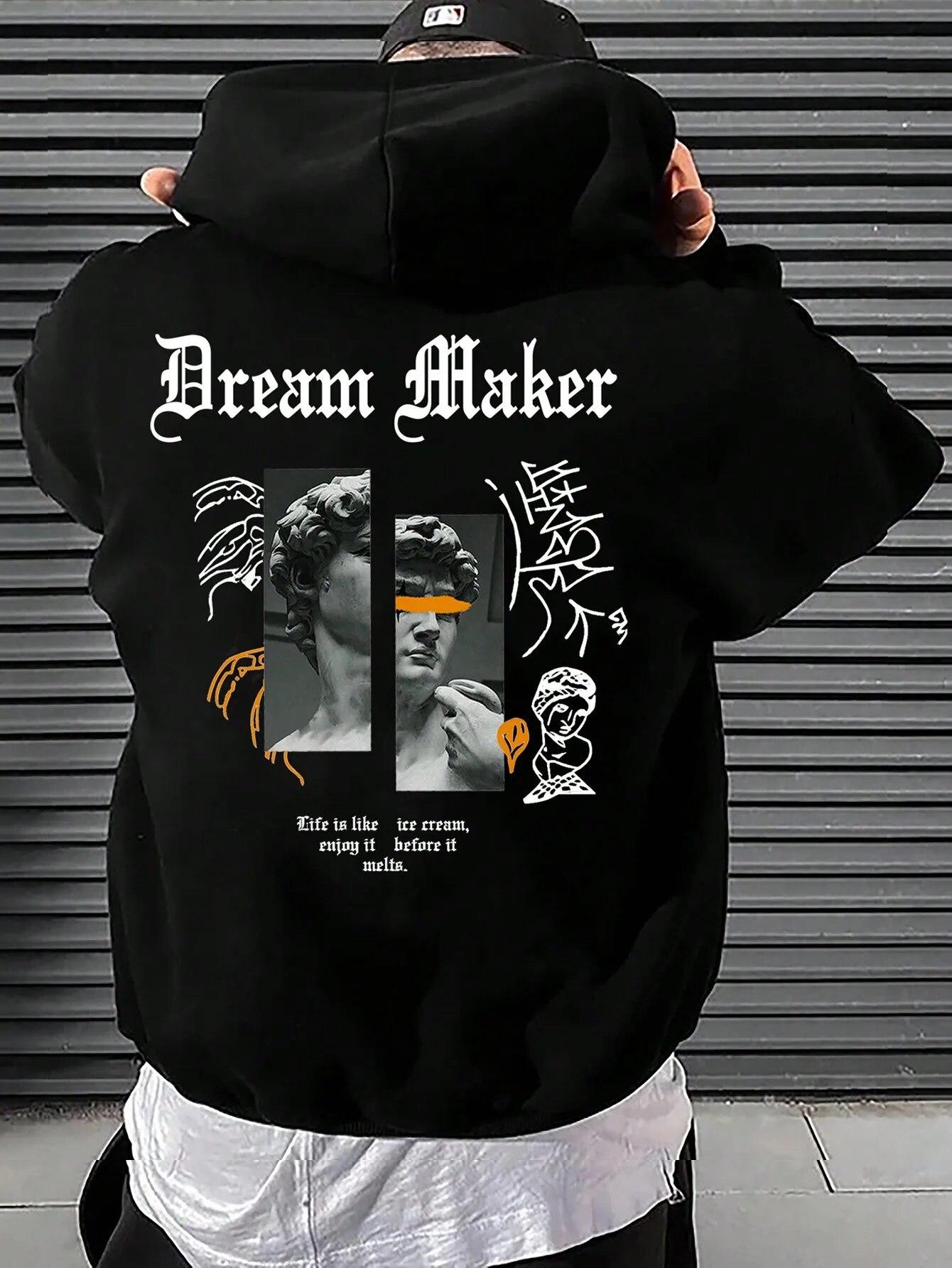 

Dream Maker Brave Sculpture Pattern Unisexs Clothes Creative Pocket Hoodies Hip Hop Autumn Streetwear Fleece Casual Unisex Clothing