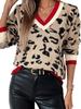 2025 Fall/Winter Women's V-neck Leopard Print Color Block Sweater