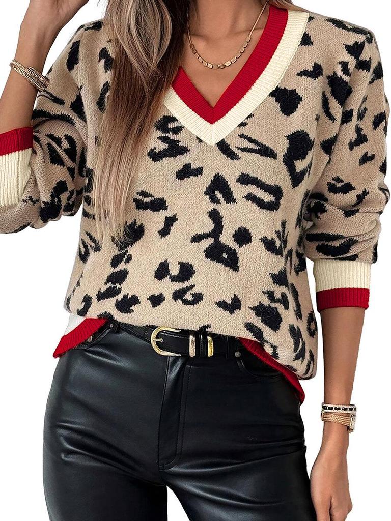 2025 Fall/Winter Women's V-neck Leopard Print Color Block Sweater