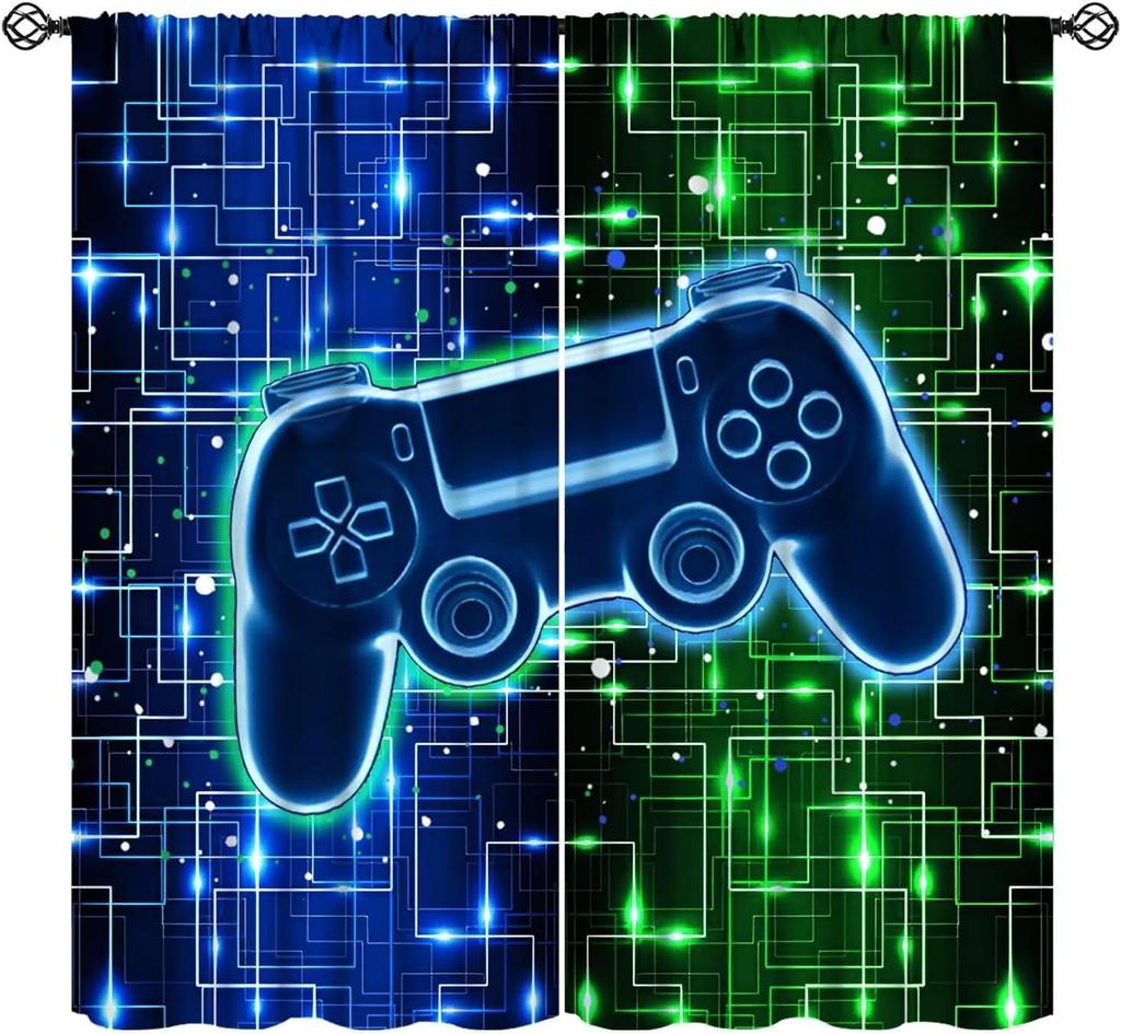 Cool Game Curtains For Boys Bedroom, Green Blue Flame Video Game Graffiti Game Controller Outer Space Stars Print Window Drapes