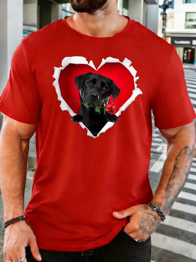 Unisex Soft Cotton Tshirt Black Lab With Red Rose Torn Heart Print Short Sleeve Tee For Pet Lover Valentines Casual Street Wear Top