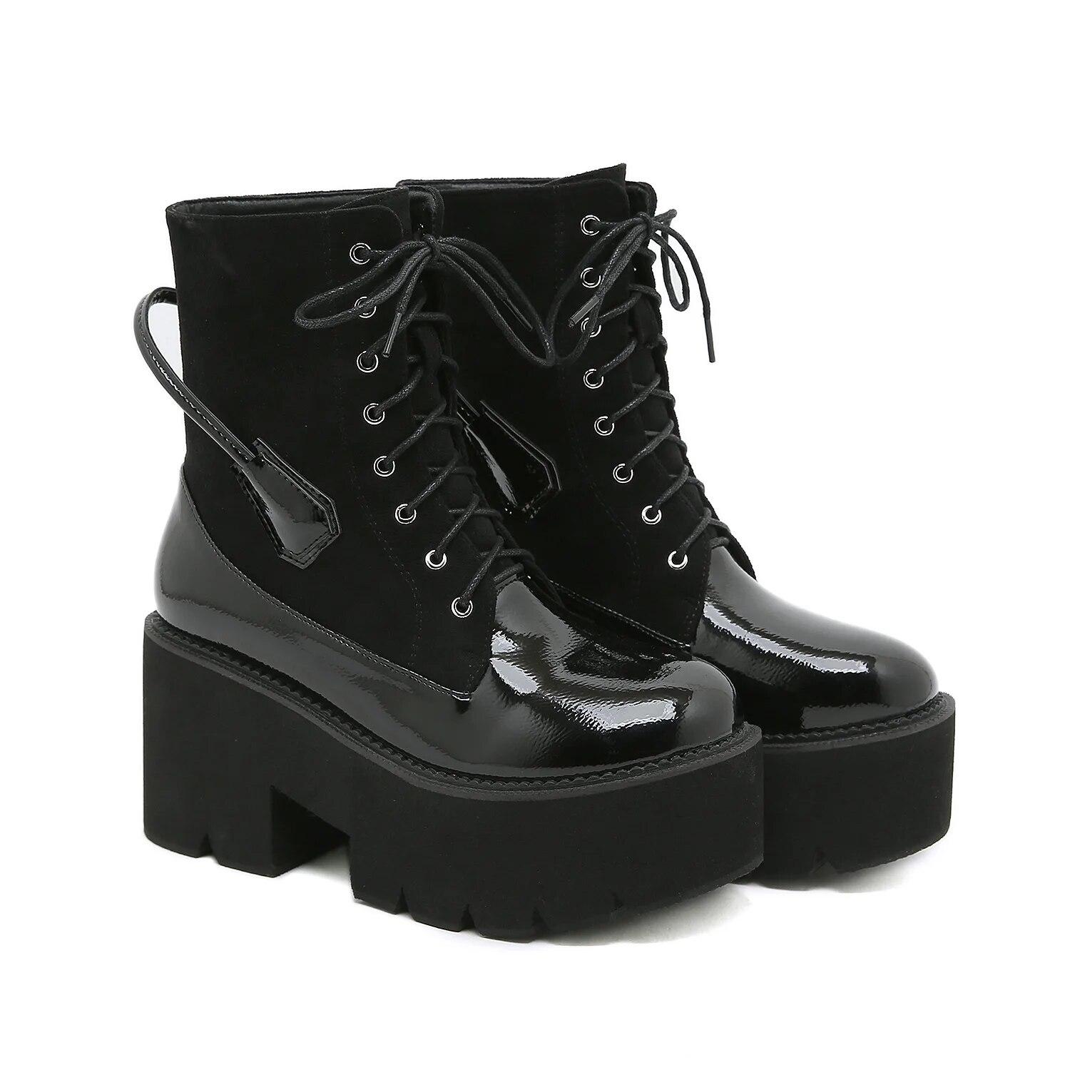 

Новые ботинки на толстой подошве на каблуке 8 см, рыцарские сапоги Amazon в иностранном стиле, эластичные женские ботинки на шнуровке, Lhx 43 чёрный