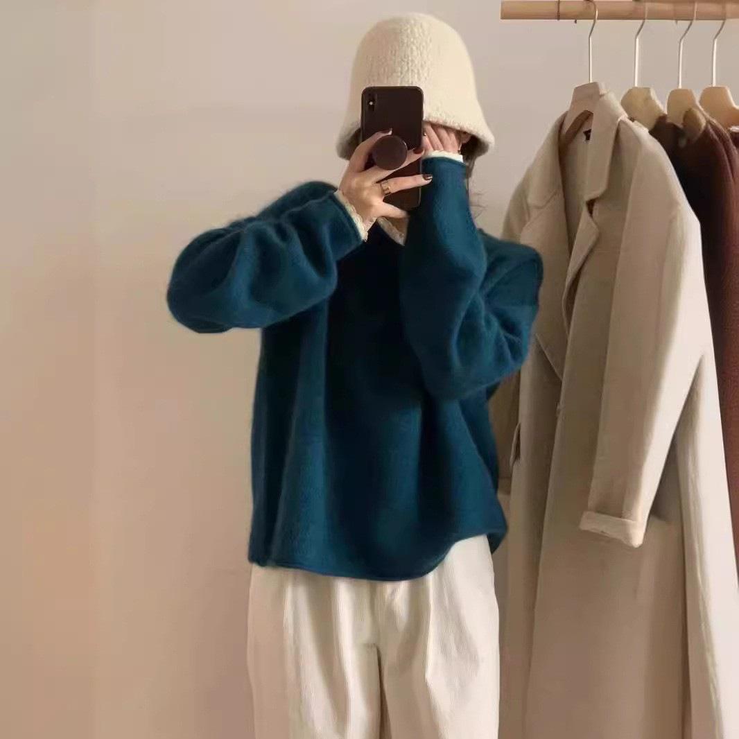 

Осень и Зима Свободный Мягкий Вязаный Свитер Топ Круглый Вырез Худи для Женщин 3XL озеро синий