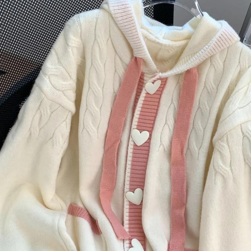 Women's Heart Shaped Buttons Cardigan with Hooded Autumn Threaded Pattern Loose Casual Tops Beige Color Contrast Sweater