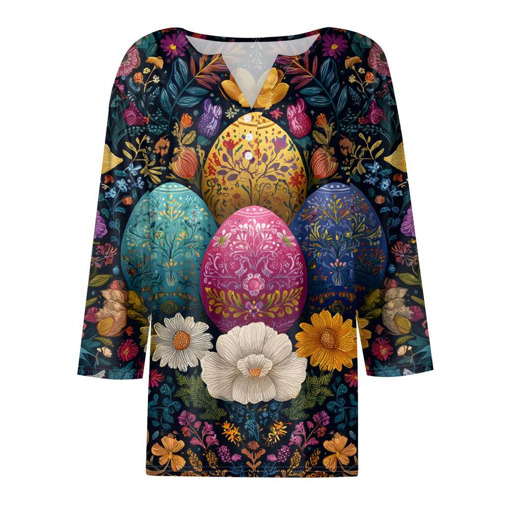 Women's Fashion Casual Easter Printed V-neck Short Sleeve Decorative Button Seven Sleeve T-shirt Top
