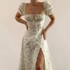Women's Summer V-neck Flower Floral Print Pocket Short Sleeve Dress