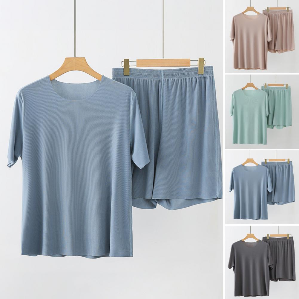 2Pcs/Set Men Loungewear O-Neck Short Sleeve Tops Elastic Waist Wide Leg Shorts Set Solid Color Ice Silk Homewear Seamless Pajama