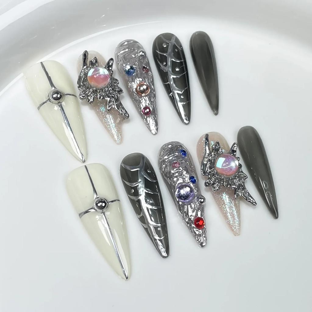 10 Pcs Long Almond Handmade Press On Nails With Heart Decoration Fake Nail Tips Stick On False Nails For Women