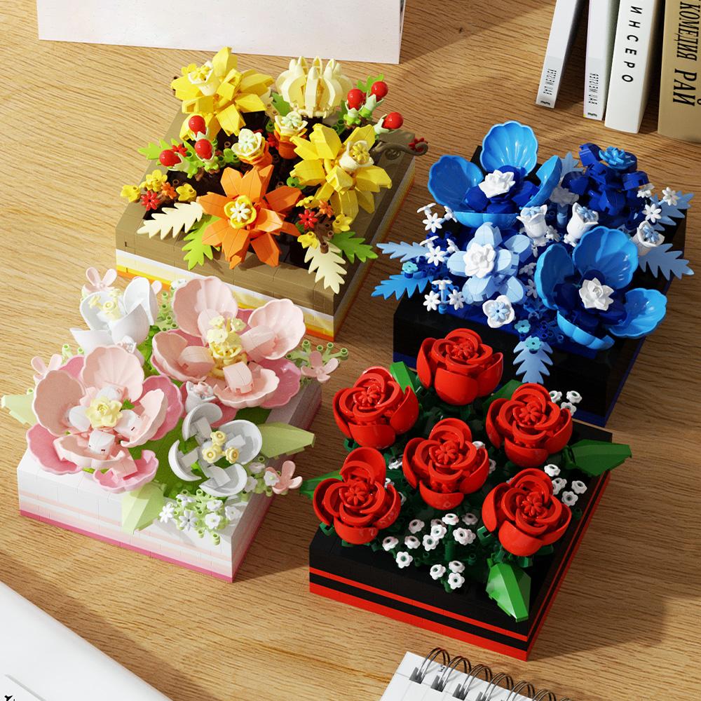 5 verschiedene Arten von Blumenkasten-Bausteinen, Spielzeug für immerblühende Blumen, DIY-Schreibtischdekoration, Geburtstagsgeschenk, Festtagsgeschenk