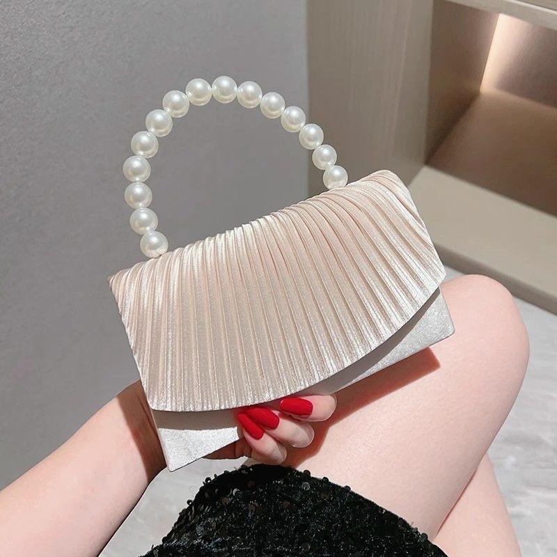 Beige Pleated Handbag Women Pearl Handle Flap Shoulder Bag Ladies Elegant Fashion Banquet Desiqner Luxury Crossbody Bag 2025 New