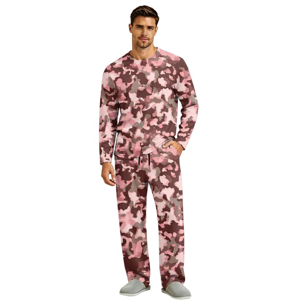 Men's Long Sleeve Pajama Set with Button Crotch and Elastic Drawstring Waist Pants for Home Loungewear