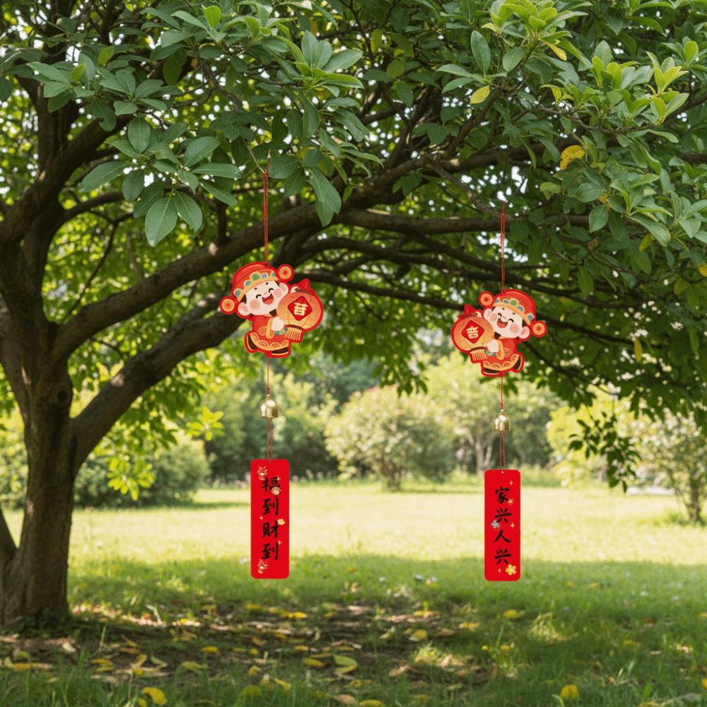 1 Pair Blessings Printing Spring Festival Potted Plant Pendant Chinese Style Traditional Doorknob Wind Chimes Not Easy To Fade