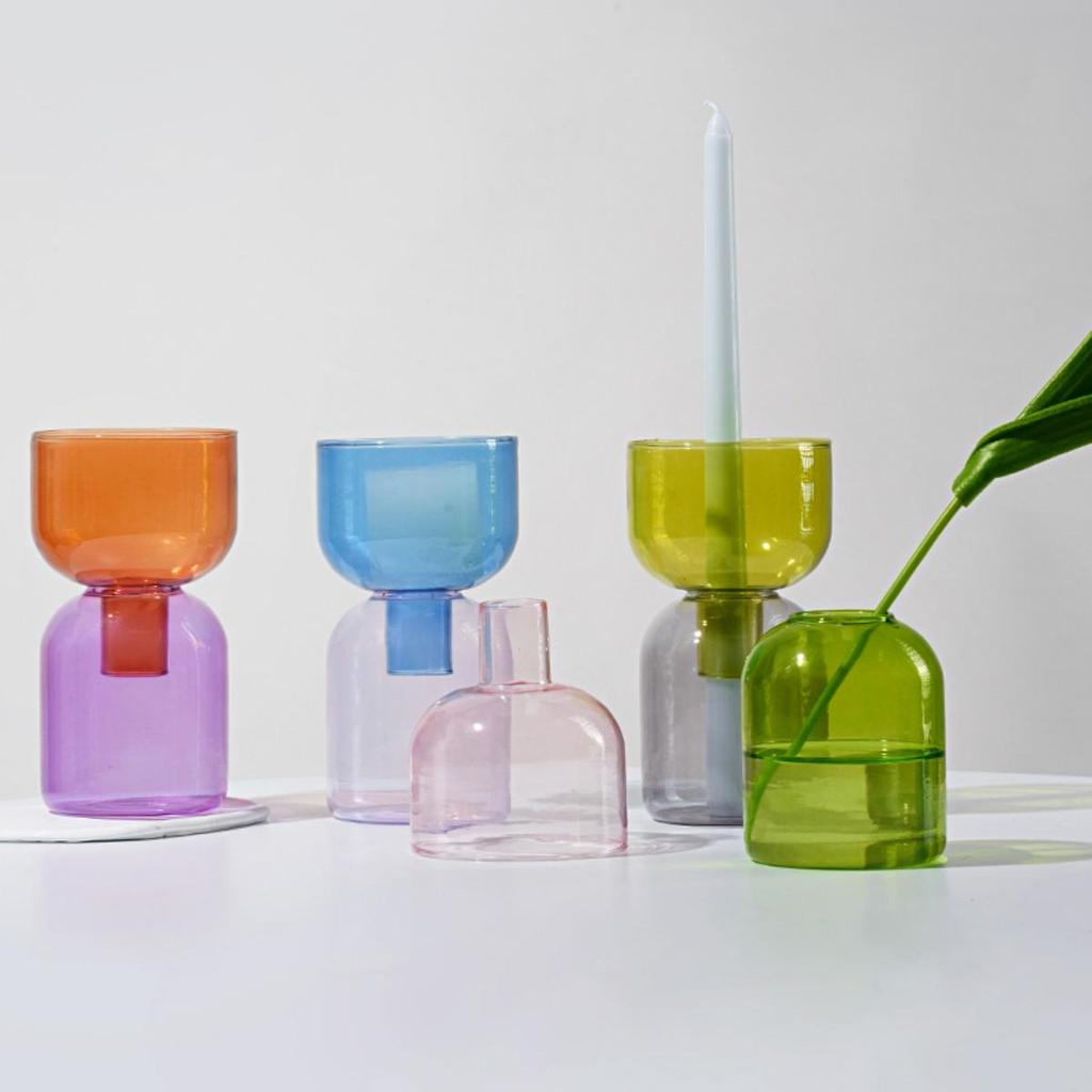 2pc Set Terrarium Hydroponic Plant Pot Flowers Candle Holders Decor Colorful Glass Vase Mini Vases