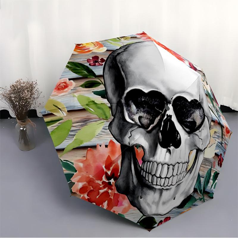 1pc Skull Floral Decor Folding Umbrella | Elegant Design, Fashionable Accessory, Durable Construction, Sturdy Ribs yy251107007
