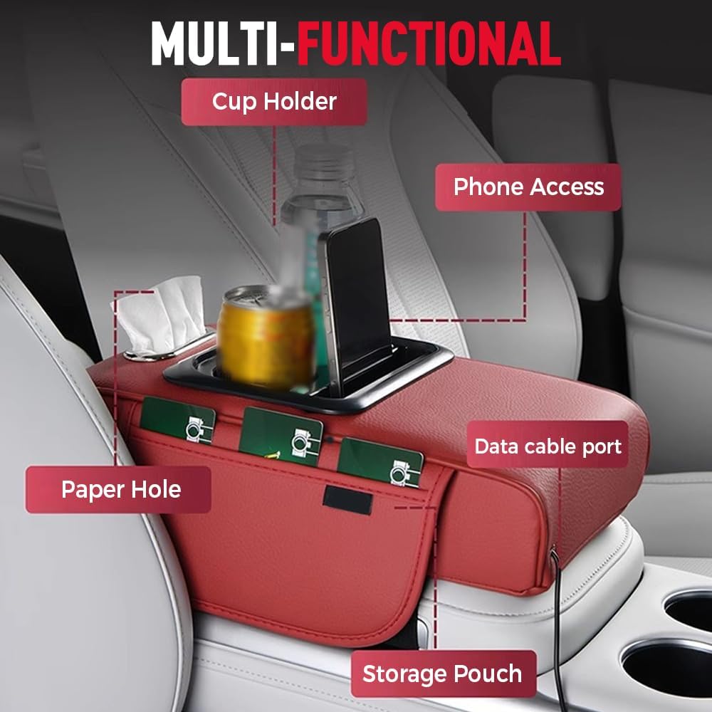 Multifunctional PU Leather Car Armrest Box Mat, 2026 New Universal Car Armrest, Durable Center Console Organizer for Family Travel, Portable Cars