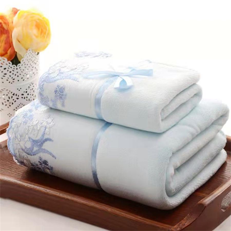 2pcs/set Microfiber Embroidered Towel Set Solid 1pc 75x35cm Face Towel 1pc 140x70cm Bath Towel Quick Dry Towels Bathroom
