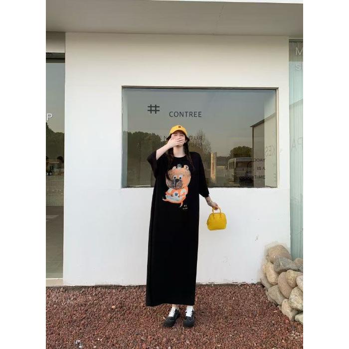 Korean Round Neck Fashion Short-sleeved Dress Women's 2026 Summer New Large Version Loose Lazy Style Thin Long Skirt