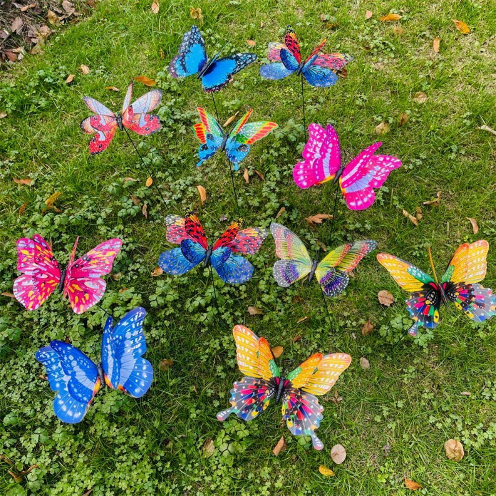 5pcs Large Garden Yard Planter Butterfly Double Layered Colorful Grounding Decoration Waterproof 3D Butterfly Stakes Butterfly