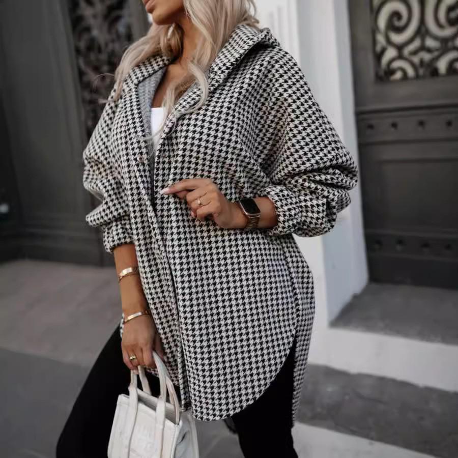 

2024 Autumn Women s Plaid Hooded Side Slit Streetwear Jacket Small