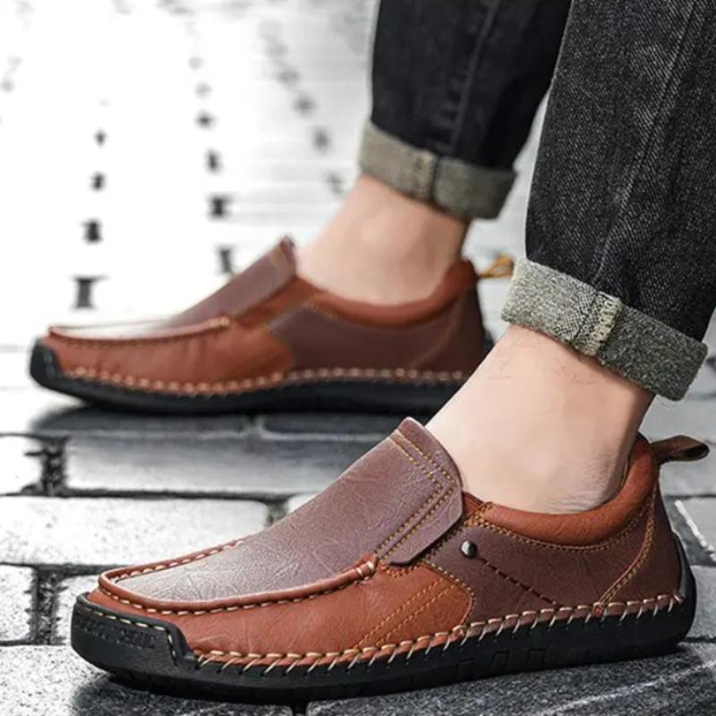 Hand-Sewn Casual Leather Shoes Color-Blocked Slip-On Loafers Men'S Non-Slip Sole Breathable Comfortable Walking Shoes