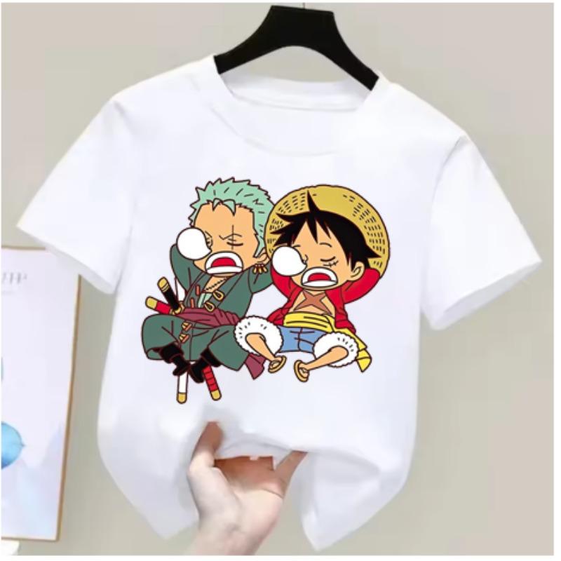 

Футболка для мальчика и девочки с принтом One Piece, летняя детская футболка с аниме-персонажами: Луффи, Зоро, Нами, Чоппер, милая одежда, мультяшная 140