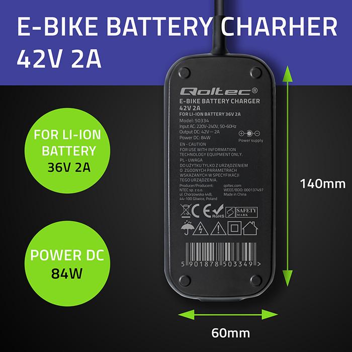 Qoltec Fast Charger for Electric Scooter Bike 36V | 42V | 2A | 5.5*2.1 | Waterproof + Power Cable