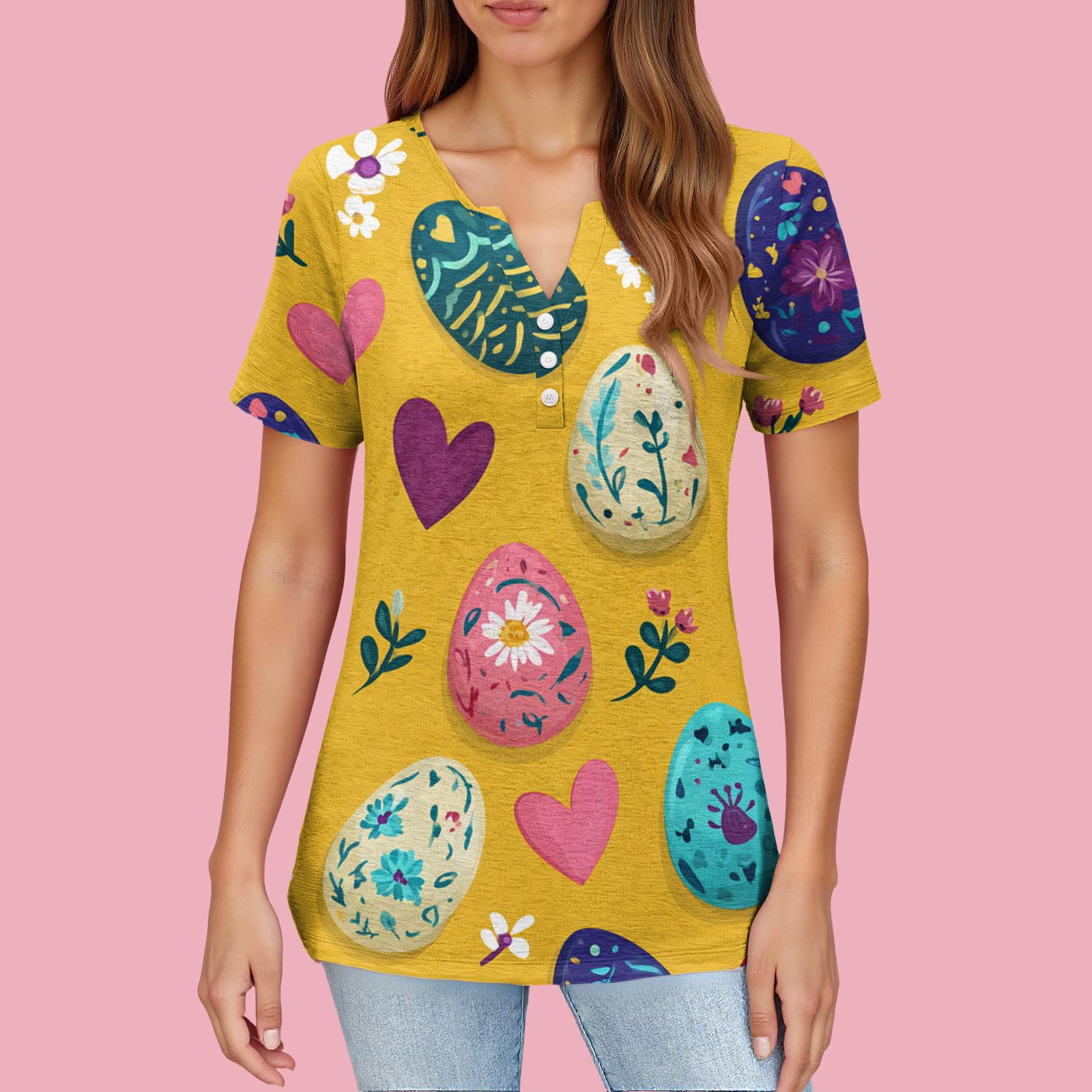 

Women s T Shirt Print Button Short Sleeve Daily Weekend Fashion Basic V- Neck Regular Top XL жовтий