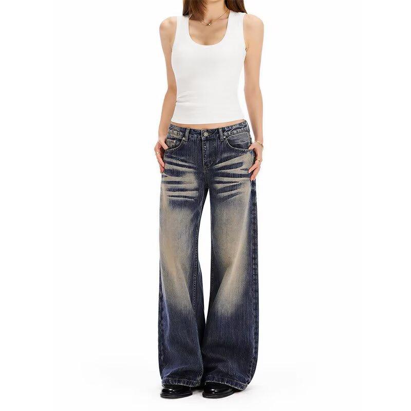 American retro cat beard wide-leg jeans women's autumn new washed old loose and versatile mopping scimitar pants