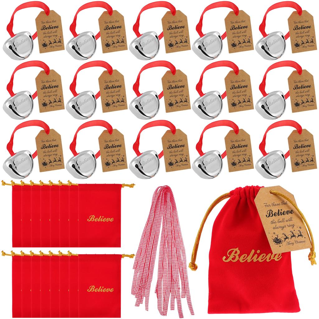 16 Sets Christmas Believe Bell Ornaments Xmas Bell With Red Velvet Bag Believe Tags Ribbons Xmas Tree Hanging Decor Jingle Bells