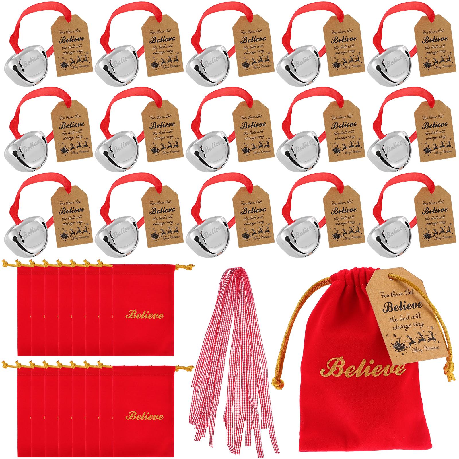 

16 Sets Christmas Believe Bell Ornaments Xmas Bell With Red Velvet Bag Believe Tags Ribbons Xmas Tree Hanging Decor Jingle Bells червоний