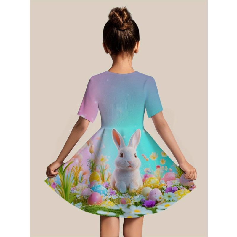 Casual Short-Sleeve Dress for Girls Featuring a 3D Unicorn Print, Perfect for Summer with Cute Cartoon Designs for Toddlers.