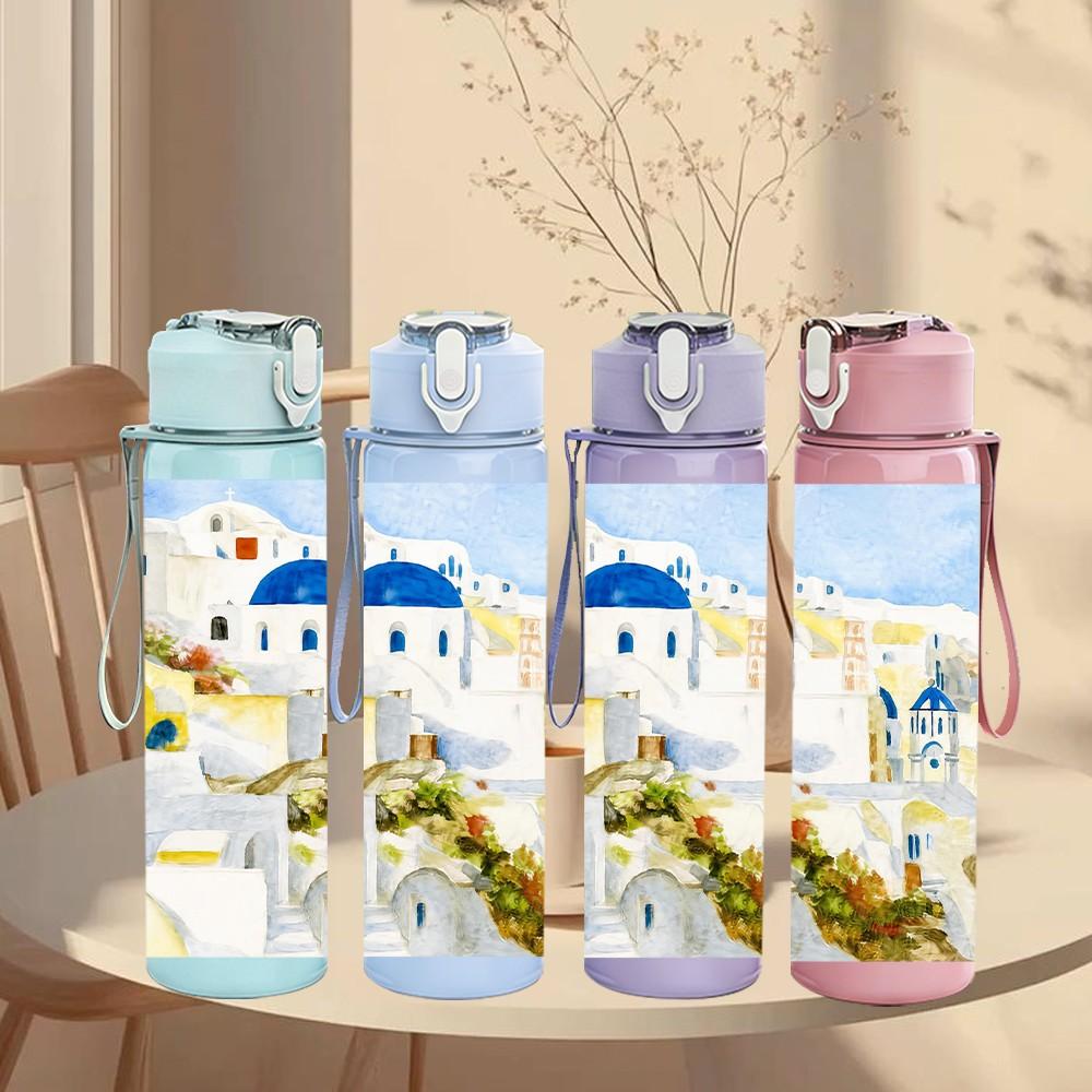 1PC Santorini White Building Sea View 750ml Color Plastic Sports Water Bottle Leakproof Flip Straw Lid Suitable for Sports Office Home Use
