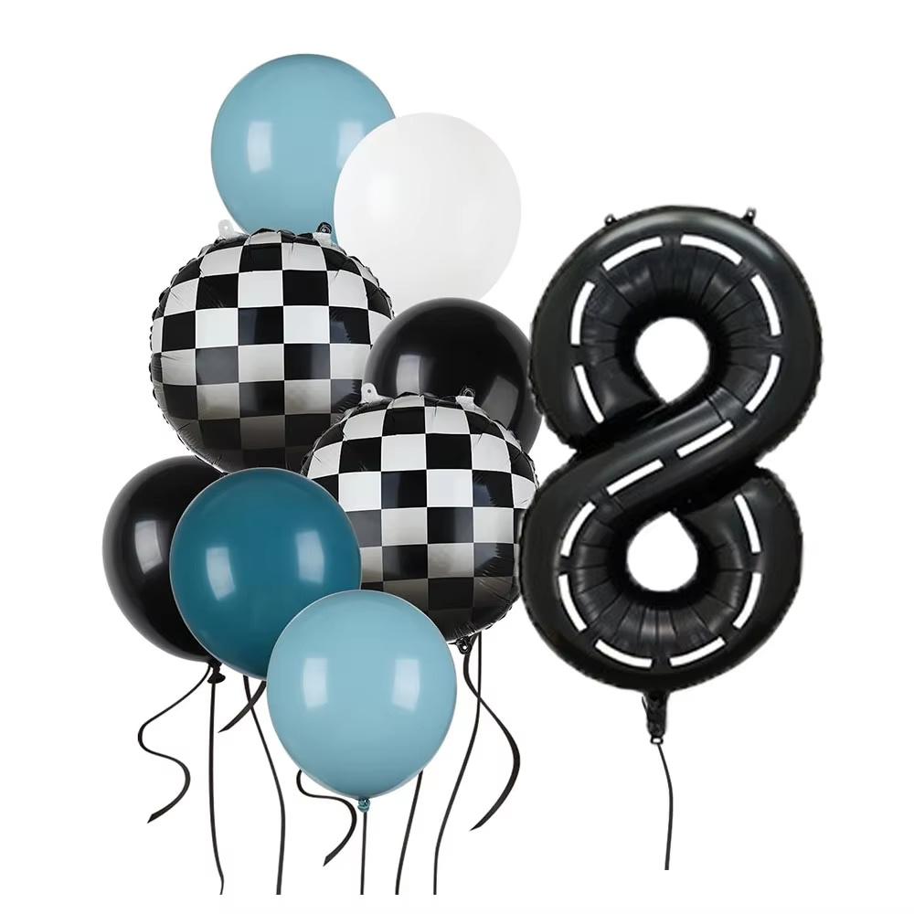 9pcs Race Car Balloons Set Checkered Balloon Blue Black Latex Balloon Boy One Happy 1st 2nd Vintage Two Fast Theme Party Decor