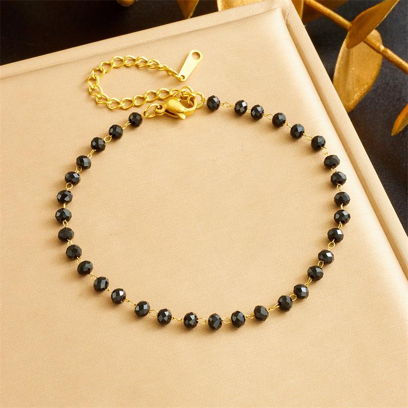 Gold Plated Black Crystal Beaded Jewelry Set Necklace and Bracelet for Women Stainless Steel