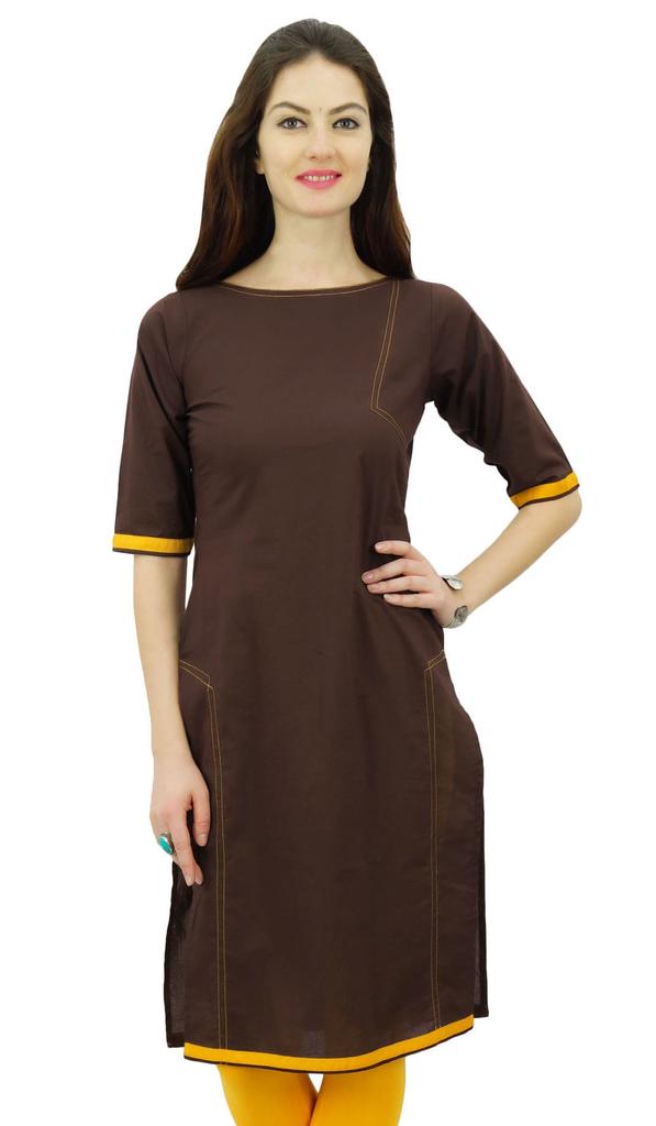 Phagun Indian Womena    s Solid Brown Kurti Cotton Tunic Regular Straight Kurta -